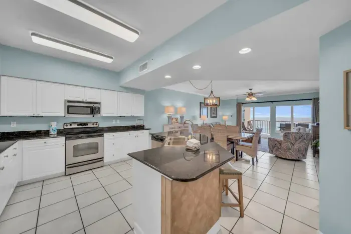 Kitchen opens into dining and living room area