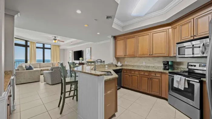 Kitchen overlooks living room