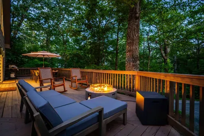 Cozy up on the sectional or rocking chairs by the firepit for s'mores and stories.