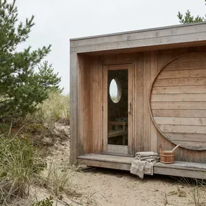 Sauna with bucket and towels on wooden deck