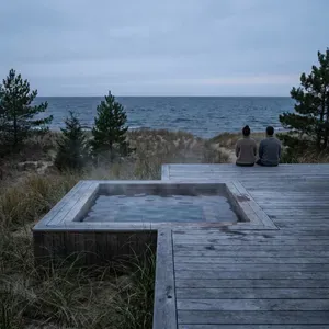Couple by hot tub overlooking a lake at dusk
