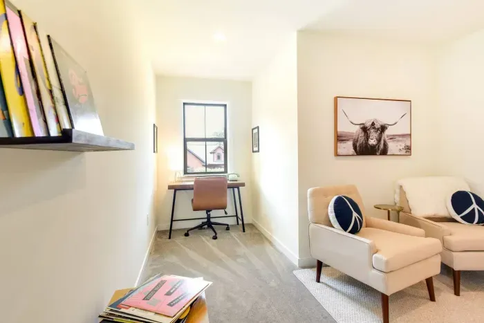 Office Retreat: Bright workspace with vintage charm, perfect for inspiration and productivity!