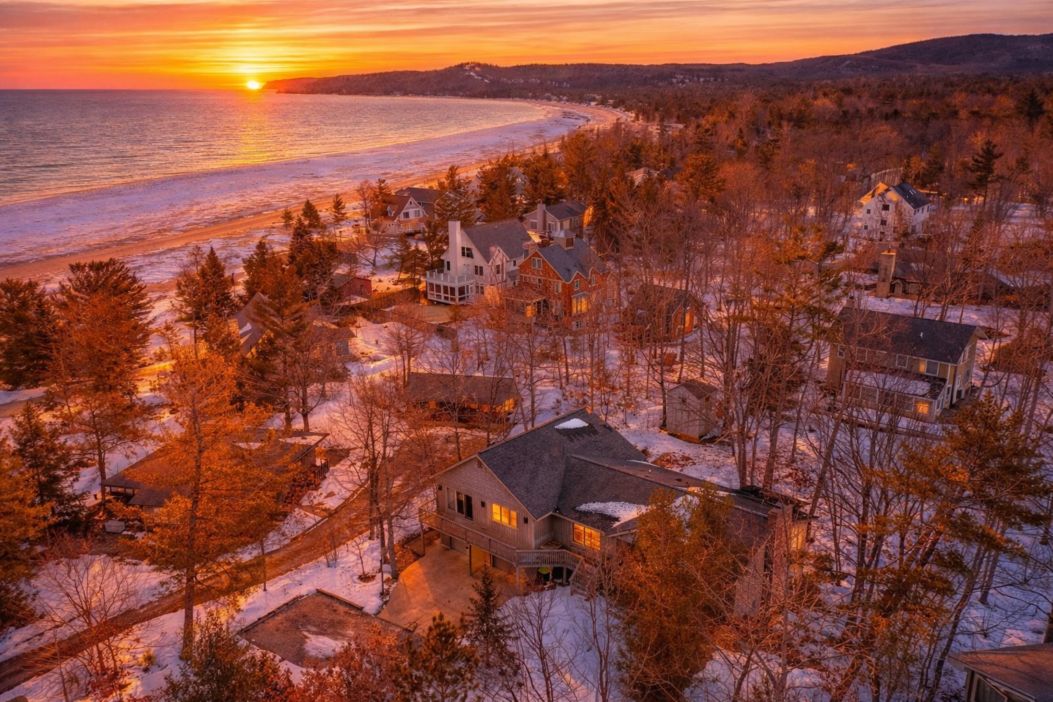 Sunset over lakeside neighborhood