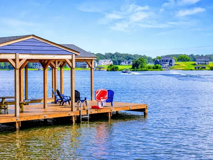 Dock Gazebo - The timber-framed covered gazebo offers shaded seating and a front-row view of Lake Anna's open water.