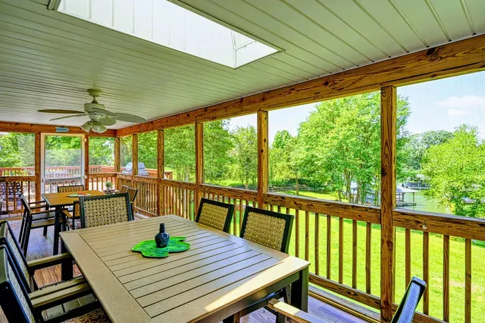 Screened Porch - Covered dining area seats six to eight with a ceiling fan and views of the yard and lake.