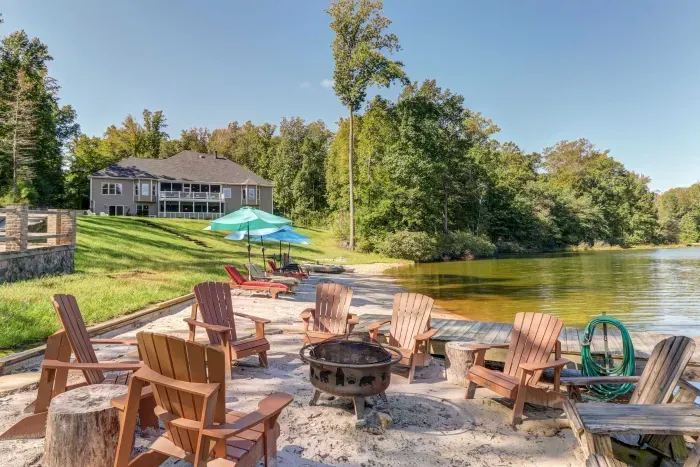 Shoreline - Lakeside fire pit ring with Adirondack chairs at the water’s edge, evenings end here.