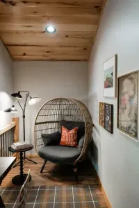 Retreat into the egg chair nook for quiet reading or a mid-adventure recharge—it’s like a treehouse hideaway for grownups