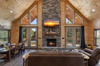 Gorgeous stone fireplace is the focus of the main-level living room. 