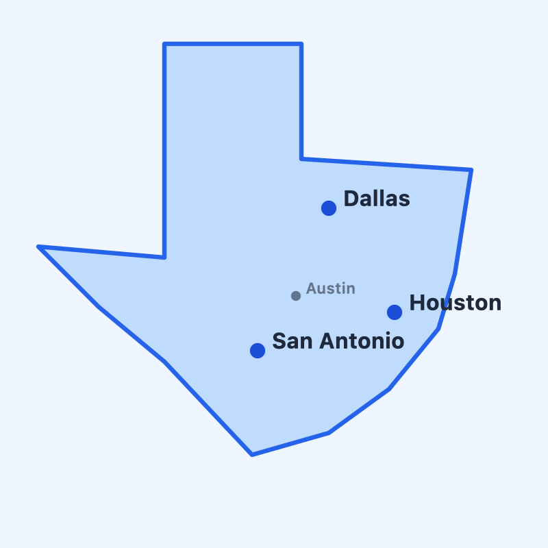 Texas map showing San Antonio, Houston and Dallas