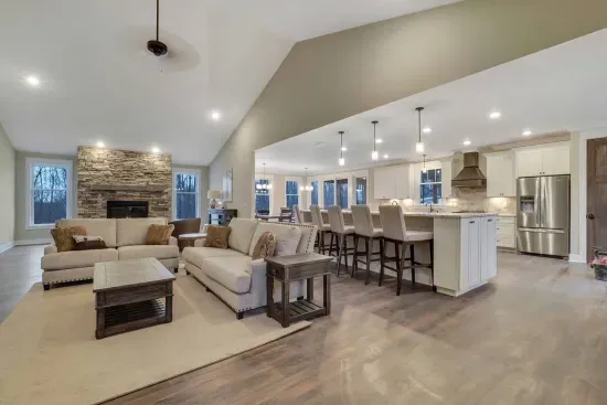 Large kitchen and living area