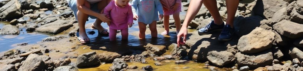 Children and family exploring tide pools at Beverly Beach near Otter Rock Marine Reserve on the Oregon Coast