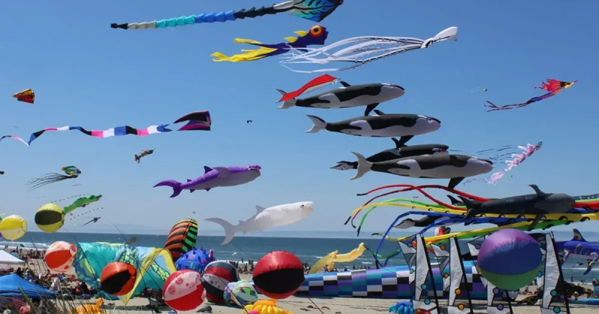Colorful giant display kites flying over the beach during the Lincoln City Summer Kite Festival on the Oregon Coast