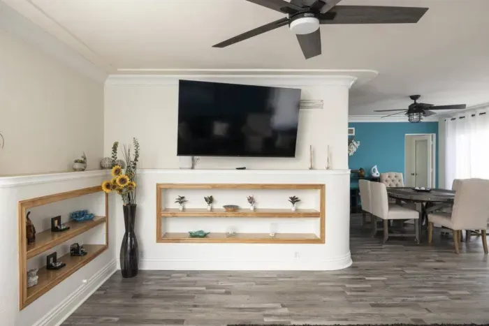 The TV view from the corner chair by the ocean view window