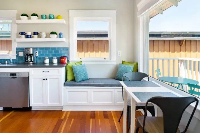 A dining nook in the corner of the kitchen