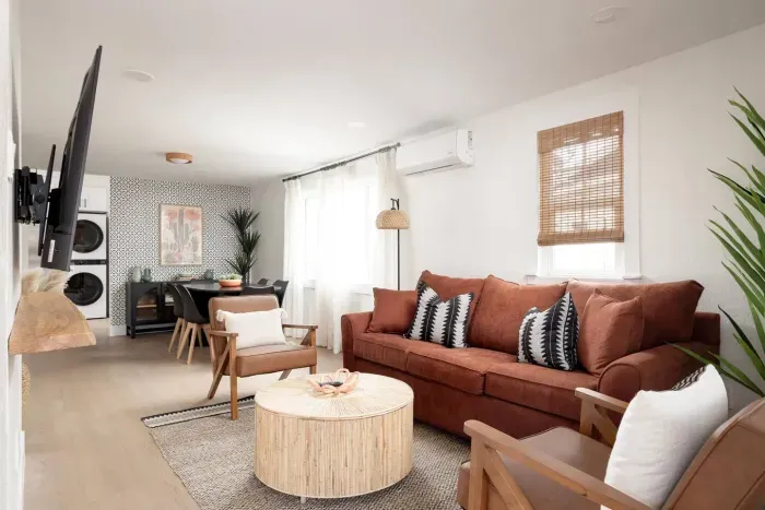 Welcome to your home with a pullout sofa and mini split air conditioning.