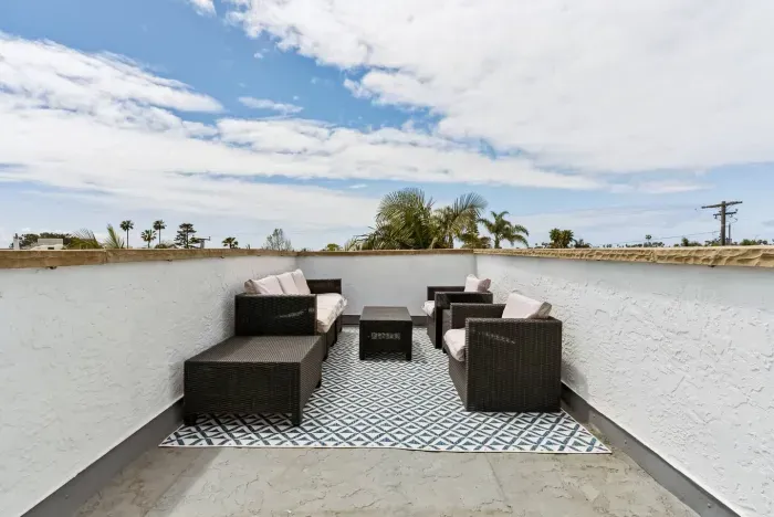 Backyard entertaining space with low-maintenance landscaping.