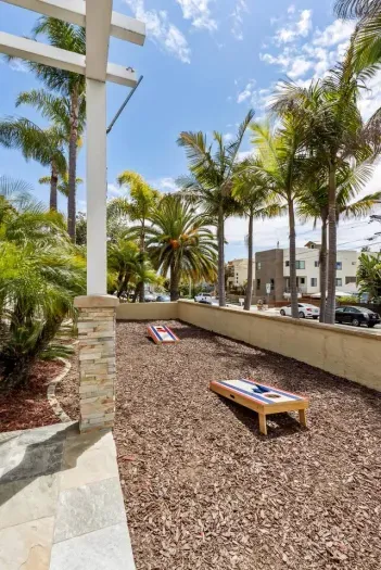 Outdoor game space with palm tree backdrop.