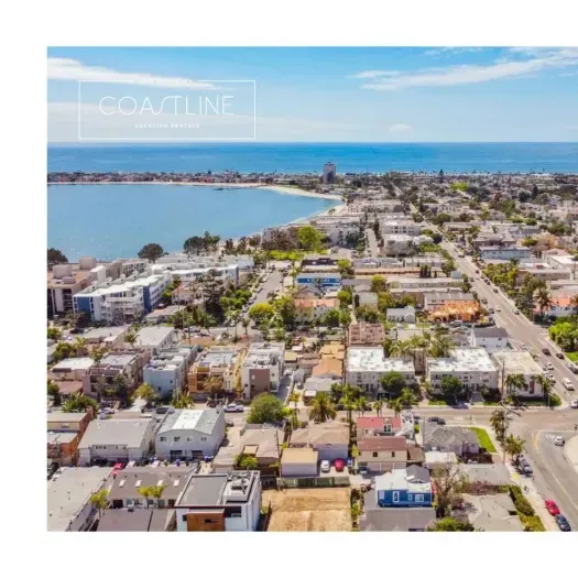 Aerial view of the neighborhood with bay views.