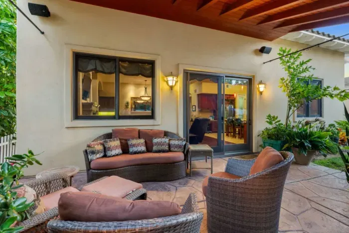 Backyard with comfortable, relaxing outdoor furniture.