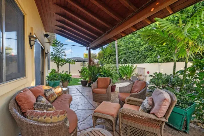 Relaxing backyard with comfortable seating and ambiance.