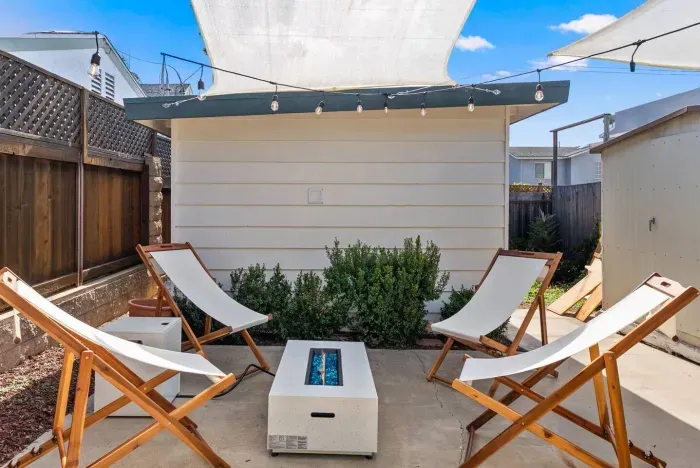 Morning light dances across the outdoor fire table
