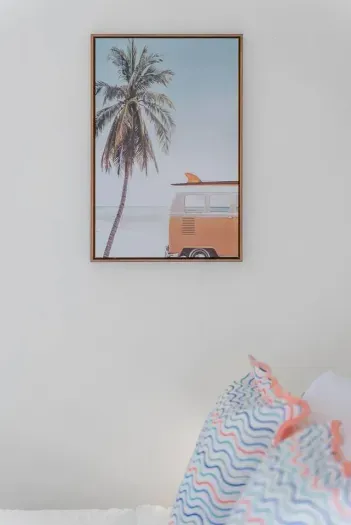 Surf van print adds a playful coastal touch