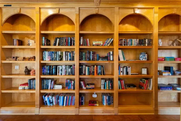 Golden wood library shelves filled with classic novels