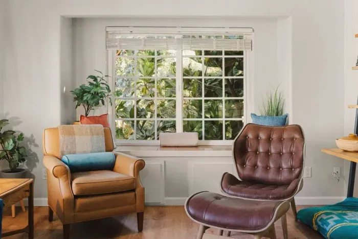 The mid-century modern and eclectic style can be seen throughout the space