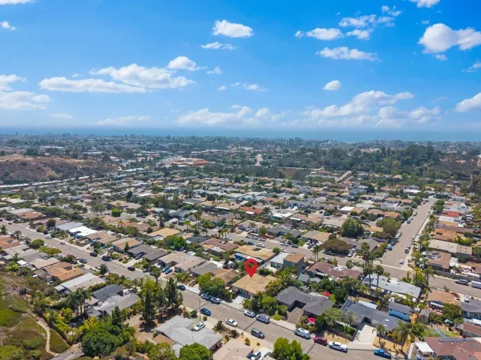 Aerial view of Serena Encinitas —your peaceful coastal escape tucked away in a quiet neighborhood near the beach.