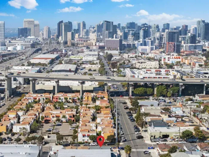 Aerial view of downtown San Diego with a highlighted property.
