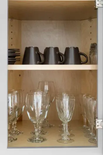 Well-stocked kitchen with stylish mugs and glassware.