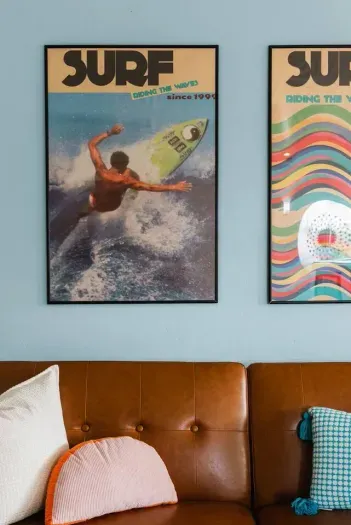Retro surf art adds playful vintage character.