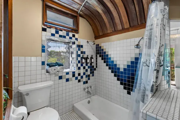 Funky bathroom design with vintage flair.
