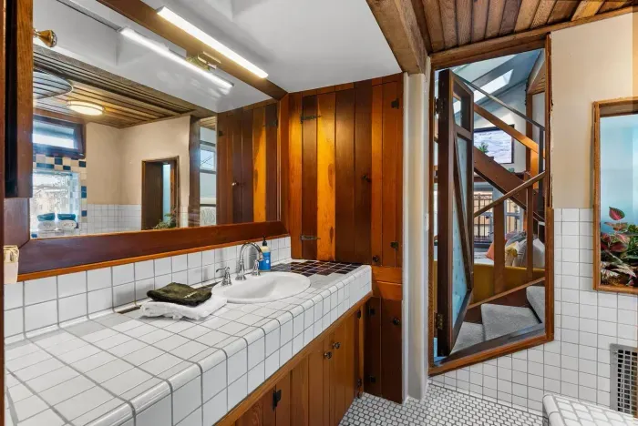 Spacious countertop and warm wood tones.