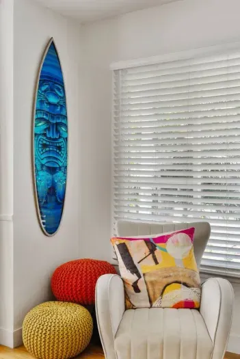 Cozy corner combines artistic flair with bold textures and vibrant colors.