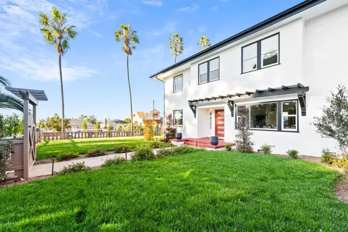 Backyard with wide lawn and palm trees for outdoor enjoyment.