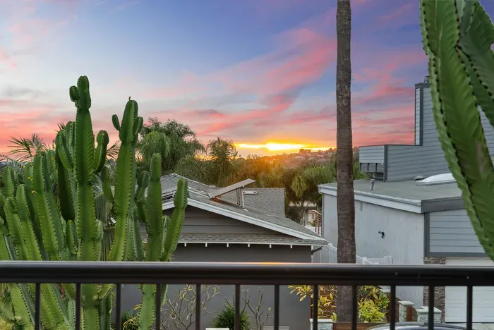 Sunset balcony views framed by palms and cacti—relaxed and tropical