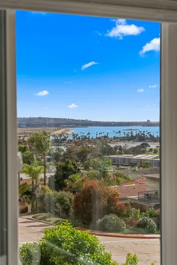 Bright window view of palm-lined bay and sparkling blue water