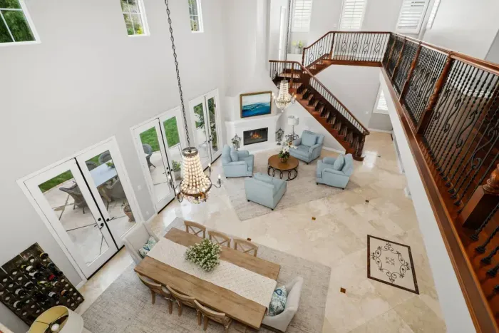 View from above down to the spacious entrance area