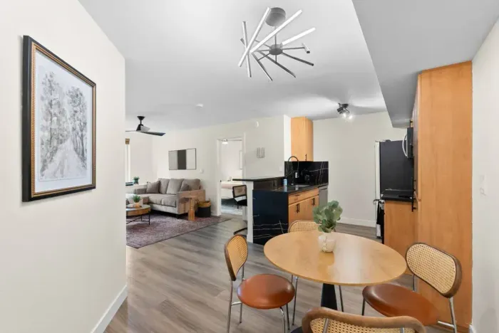 Accessible open-plan dining, kitchen, living.