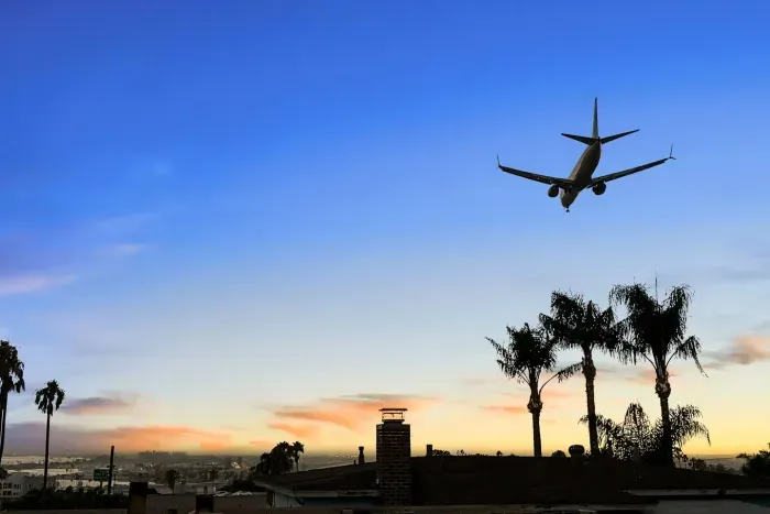 Sunset skies and palm silhouettes as planes pass overhead