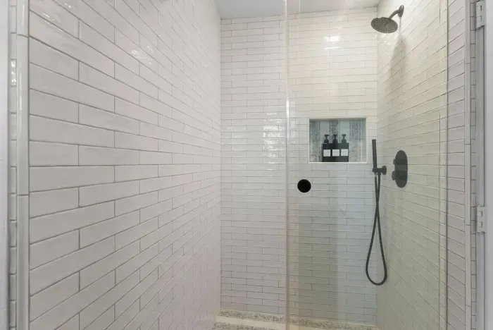 Spa-inspired bathroom with walk-in rainfall shower