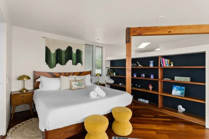 Serene bedroom and custom wood details