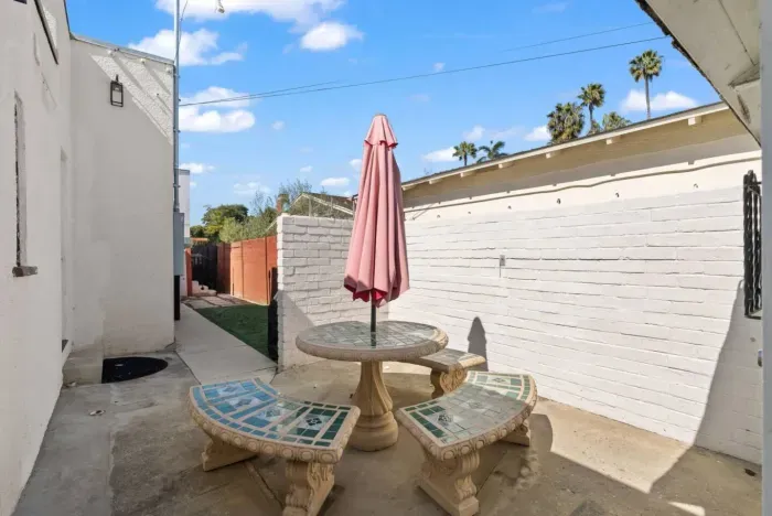 The back patio has shaded seating