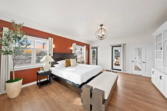 Earthy accents and modern lines create a peaceful bedroom retreat.