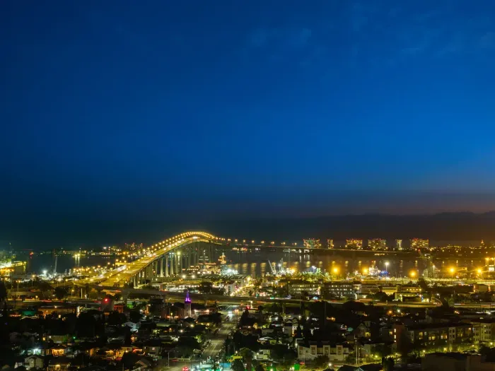 Dazzling bay and bridge panorama—glowing city lights at dusk