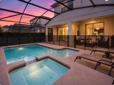 Private screened pool & spa with sunset views and inviting lounge seating