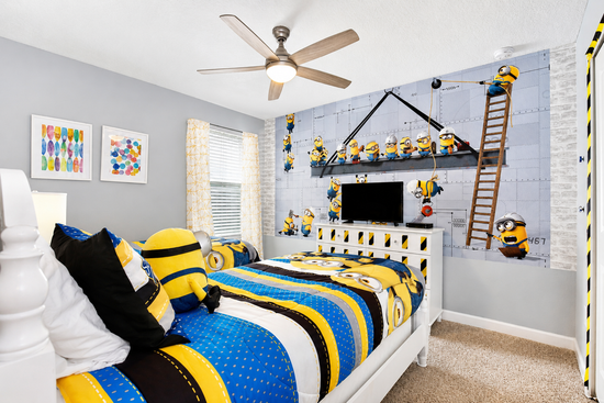 Minion-themed kids bedroom with two twin beds