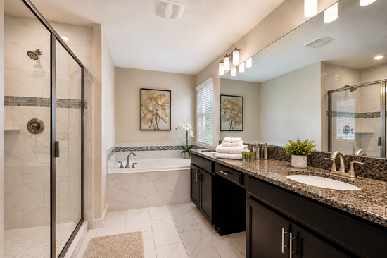 Primary bathroom with garden tub, walk-in shower and double granite vanity