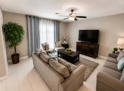 Bright, cozy living room with plush seating and large TV